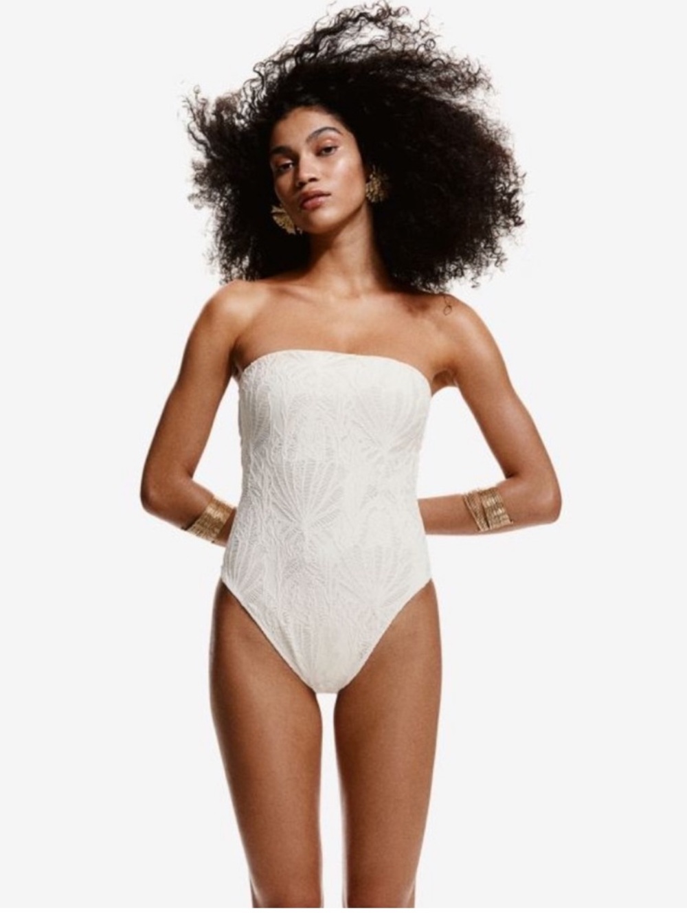 H&M White Strapless Lace One-Piece Swimsuit